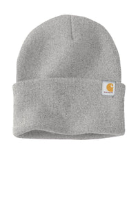 The Carhartt Watch Beanie Hat 2.0 CT104597, a classic gray knit beanie with a folded brim and a small logo patch on the front, is crafted from stretchable rib knit to ensure ultimate comfort and fit.