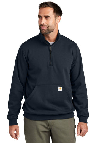 A man stands against a white background wearing the Carhartt Midweight 1/4-Zip Mock Neck Sweatshirt CT105294. This durable outerwear features a front pouch pocket and classic mock neck collar, combining style and practicality.