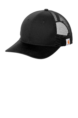 Carhartt's Canvas Snapback Mesh Trucker Hat CT105298 boasts a black design with a solid front panel and curved brim. Crafted for comfort, it features breathable mesh and incorporates FastDry technology to keep you dry. A small logo tag on the side offers a subtle touch of style.