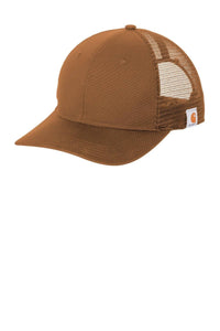 The Carhartt Canvas Snapback Mesh Trucker Hat CT105298 features a brown mesh-back design with breathable materials, complete with the Carhartt logo on the side.