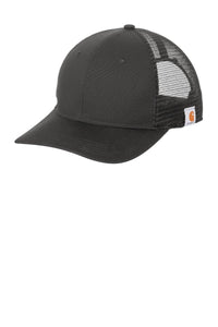 The Carhartt Canvas Snapback Mesh Hat CT105298 is a gray cap with a breathable mesh back, solid front, and a side white tag. It offers comfort with an odor-fighting sweatband.