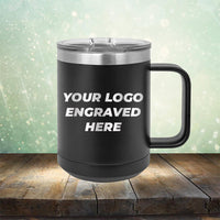 Custom coffee mug with business logo laser engraved branded 15oz with handle black