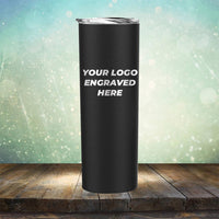 Custom skinny tumbler with business logo laser engraved branded 20oz mug with lid black