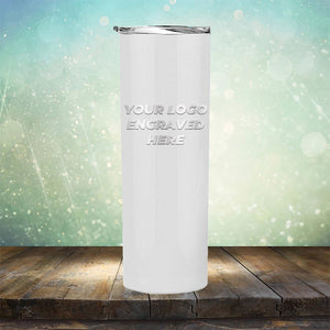 Custom skinny tumbler with business logo laser engraved branded 20oz mug with lid white