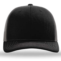 The Richardson 112 Snapback Trucker Cap by Richardson features black and gray panels, contrast stitching, a mesh back, and is custom embroidered. Shown from the front against a white background.