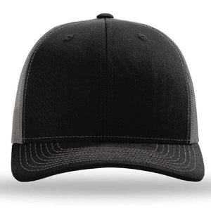 The Richardson 112 Snapback Trucker Cap by Richardson features black and gray panels, contrast stitching, a mesh back, and is custom embroidered. Shown from the front against a white background.