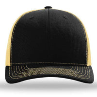 The Richardson 112 Snapback Trucker Cap by Richardson features a black cotton/polyester front, yellow mesh back and sides, yellow stitched brim, and custom embroidery, shown from the front.