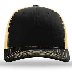 The Richardson 112 Snapback Trucker Cap by Richardson features a black cotton/polyester front, yellow mesh back and sides, yellow stitched brim, and custom embroidery, shown from the front.
