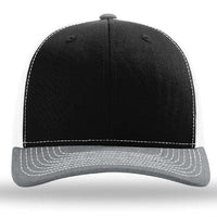 The Richardson 112 Snapback Trucker Cap by Richardson is a black and white custom embroidered hat with a grey brim, white stitching, and classic snapback closure. Made from a comfortable, durable cotton/polyester blend.