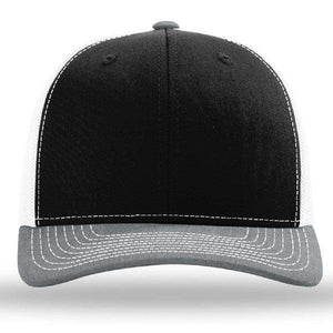 The Richardson 112 Snapback Trucker Cap by Richardson is a black and white custom embroidered hat with a grey brim, white stitching, and classic snapback closure. Made from a comfortable, durable cotton/polyester blend.