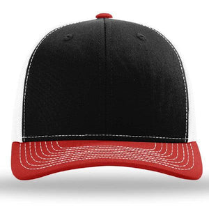 The Richardson 112 Snapback Trucker Cap by Richardson features a black front, white side panels, red bill, white stitching, and a breathable mesh back. Custom embroidery available.