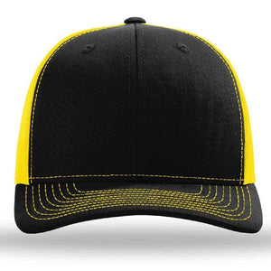 The Richardson 112 Snapback Trucker Cap is a black custom embroidered hat with yellow side panels and yellow brim stitching, made from a durable cotton/polyester blend and shown from the front.
