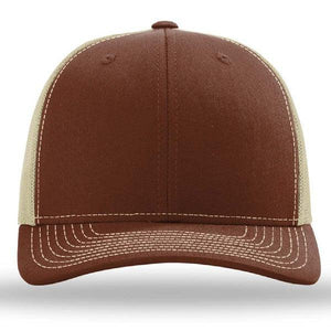 The Richardson 112 Snapback Trucker Cap by Richardson is a brown and beige custom embroidered hat with white stitching, a curved brim, mesh back panels, and an adjustable snapback closure.