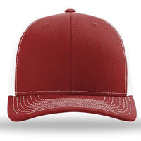 The Richardson 112 Snapback Trucker Cap by Richardson is shown facing forward, featuring a red and white design, white stitching, cotton/polyester front, snapback closure, and a white mesh back.