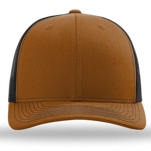 The Richardson 112 Snapback Trucker Cap by Richardson is a brown and black hat with a curved brim, cotton/polyester front, mesh back, and custom embroidery, shown front-facing on a white background.