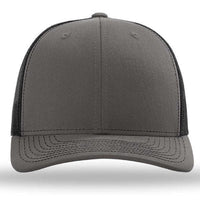 Richardson 112 Snapback Trucker Cap by Richardson, shown from the front on a white background; features a gray and black design with curved brim, mesh back, and adjustable snapback closure. Custom embroidery available.