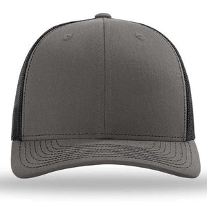 Richardson 112 Snapback Trucker Cap by Richardson, shown from the front on a white background; features a gray and black design with curved brim, mesh back, and adjustable snapback closure. Custom embroidery available.