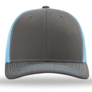 The Richardson 112 Snapback Trucker Cap by Richardson is a gray and light blue custom embroidered hat, featuring visible stitching on the brim and panels, shown from the front.