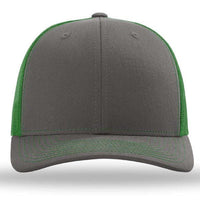 The Richardson 112 Snapback Trucker Cap by Richardson features custom embroidery, a gray front, green mesh back and stitching, and a snapback closure, shown on a white background.