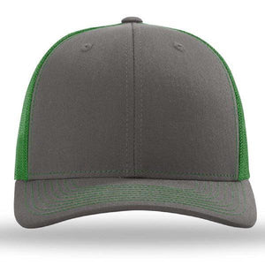 The Richardson 112 Snapback Trucker Cap by Richardson features custom embroidery, a gray front, green mesh back and stitching, and a snapback closure, shown on a white background.
