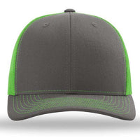 The Richardson 112 Snapback Trucker Cap by Richardson is a gray custom embroidered hat with green mesh side panels, green stitching on the brim, and a mesh back, shown from the front.