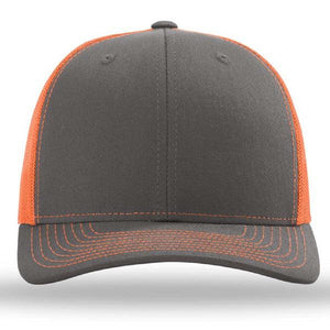The Richardson 112 Snapback Trucker Cap by Richardson features a gray front, orange mesh back panels, and orange stitching, shown from the front on a white background.