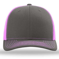 The Richardson 112 Snapback Trucker Cap is a gray cotton/polyester hat with pink stitching and pink mesh back panels, custom embroidered and viewed from the front.
