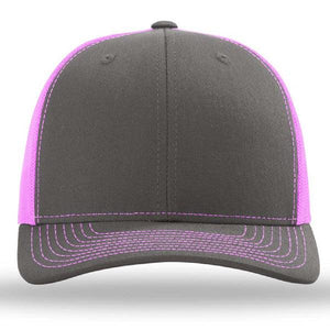The Richardson 112 Snapback Trucker Cap is a gray cotton/polyester hat with pink stitching and pink mesh back panels, custom embroidered and viewed from the front.