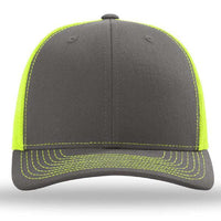 The Richardson 112 Snapback Trucker Cap by Richardson features neon yellow side panels, matching neon yellow stitching on the brim and front, a gray crown, and a breathable mesh back for comfort.