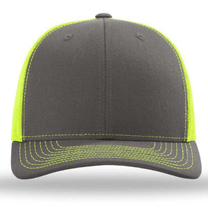 The Richardson 112 Snapback Trucker Cap by Richardson features neon yellow side panels, matching neon yellow stitching on the brim and front, a gray crown, and a breathable mesh back for comfort.