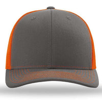The Richardson 112 Snapback Trucker Cap by Richardson is shown from the front, featuring a gray front panel, custom embroidery, orange stitching on the brim, and a breathable orange mesh back.
