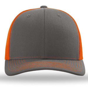 The Richardson 112 Snapback Trucker Cap by Richardson is shown from the front, featuring a gray front panel, custom embroidery, orange stitching on the brim, and a breathable orange mesh back.