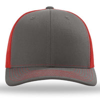 A front view of the Richardson 112 Snapback Trucker Cap by Richardson, featuring a gray cotton/polyester front and brim with breathable red mesh sides. Custom embroidered for a personalized touch.