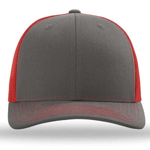 A front view of the Richardson 112 Snapback Trucker Cap by Richardson, featuring a gray cotton/polyester front and brim with breathable red mesh sides. Custom embroidered for a personalized touch.