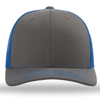 The Richardson 112 Snapback Trucker Cap by Richardson is a gray custom embroidered hat with blue stitching, a blue mesh back, and a comfortable cotton/polyester blend, shown from the front.