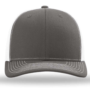 The Richardson 112 Snapback Trucker Cap is a gray and white hat with white stitching, a mesh back, and a comfortable cotton/polyester blend, shown from the front. Custom embroidery available.