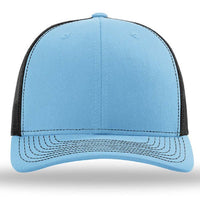 The Richardson 112 Snapback Trucker Cap by Richardson features a light blue and black design, custom embroidery, contrast stitching on the front, a curved bill, and a breathable mesh back.