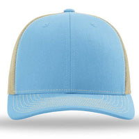 The Richardson 112 Snapback Trucker Cap by Richardson features custom embroidery, light blue cotton/poly front, beige mesh back, white stitching, and a classic snapback closure, shown from the front.
