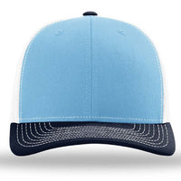 The Richardson 112 Snapback Trucker Cap by Richardson features custom embroidery, a light blue and white design, black curved brim with white stitching, and a breathable mesh back.