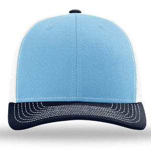 The Richardson 112 Snapback Trucker Cap by Richardson features custom embroidery, a light blue and white design, black curved brim with white stitching, and a breathable mesh back.