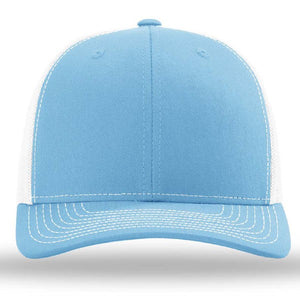 The Richardson 112 Snapback Trucker Cap by Richardson is a light blue and white custom embroidered hat with white stitching, a curved brim, and a breathable mesh back, shown from the front.