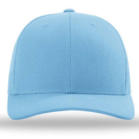 The Richardson 112 Snapback Trucker Cap - Custom Embroidered Hat by Richardson is displayed facing forward on a white background, featuring a light blue color, cotton/polyester blend, and snapback closure.