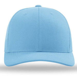 The Richardson 112 Snapback Trucker Cap - Custom Embroidered Hat by Richardson is displayed facing forward on a white background, featuring a light blue color, cotton/polyester blend, and snapback closure.