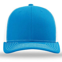 The Richardson 112 Snapback Trucker Cap by Richardson is shown from the front in blue and white, featuring custom embroidery, white stitching, a curved bill, and a mesh back against a white background.