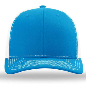 The Richardson 112 Snapback Trucker Cap by Richardson is shown from the front in blue and white, featuring custom embroidery, white stitching, a curved bill, and a mesh back against a white background.