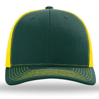 The Richardson 112 Snapback Trucker Cap by Richardson features a dark green front and bill, yellow stitching, yellow mesh back panels, and an adjustable snapback. Made from a cotton/polyester blend and custom embroidered for a comfortable fit.
