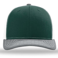 The Richardson 112 Snapback Trucker Cap by Richardson is a green and white hat with a gray curved brim, white stitching, and a comfy cotton/polyester blend. Features an adjustable snapback closure for the perfect fit. Custom embroidery available.