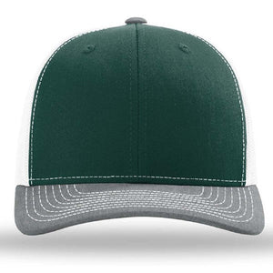 The Richardson 112 Snapback Trucker Cap by Richardson is a green and white hat with a gray curved brim, white stitching, and a comfy cotton/polyester blend. Features an adjustable snapback closure for the perfect fit. Custom embroidery available.