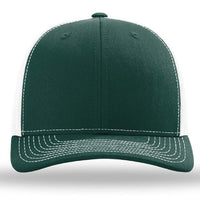 The Richardson 112 Snapback Trucker Cap by Richardson is a dark green hat with a white mesh back, made from a cotton/polyester blend and decorated with white stitching on the brim and panels.