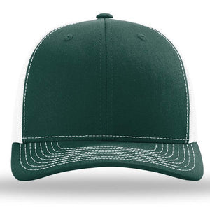 The Richardson 112 Snapback Trucker Cap by Richardson is a dark green hat with a white mesh back, made from a cotton/polyester blend and decorated with white stitching on the brim and panels.